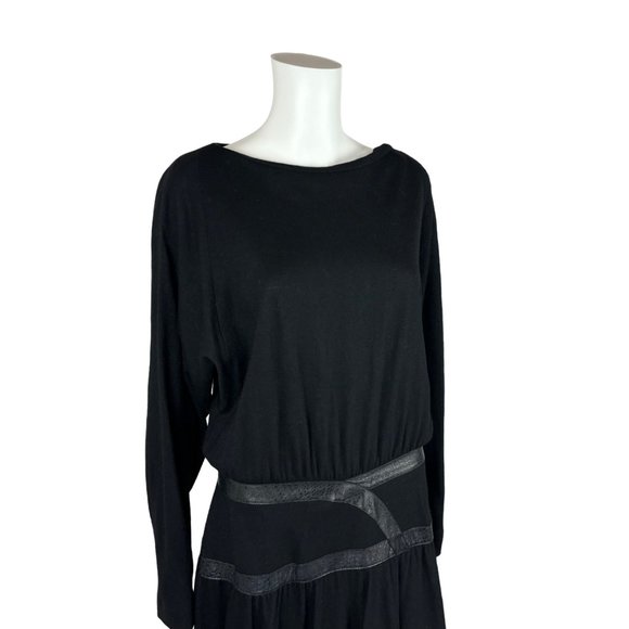 Vintage 80s Black Dress Women's Large Faux Leather Trim Waist Batwing Sleeves Bo - Picture 4 of 10